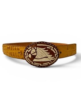 Genuine Leather Handcrafted Mustard Yellow Leather Belt Horse Embroidered Buckle